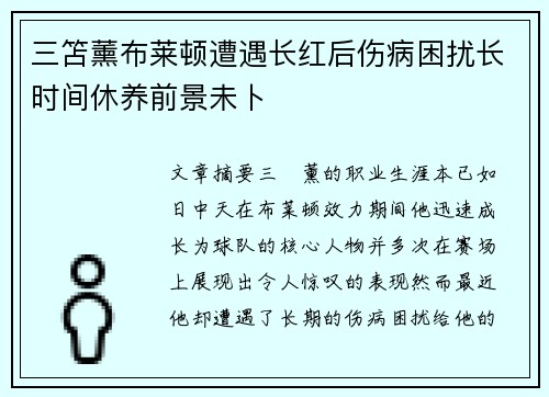 三笘薰布莱顿遭遇长红后伤病困扰长时间休养前景未卜