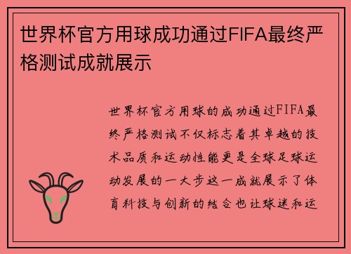 世界杯官方用球成功通过FIFA最终严格测试成就展示 世界杯官方用球成功通过FIFA最终严格测试成就展示