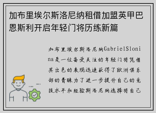 加布里埃尔斯洛尼纳租借加盟英甲巴恩斯利开启年轻门将历练新篇